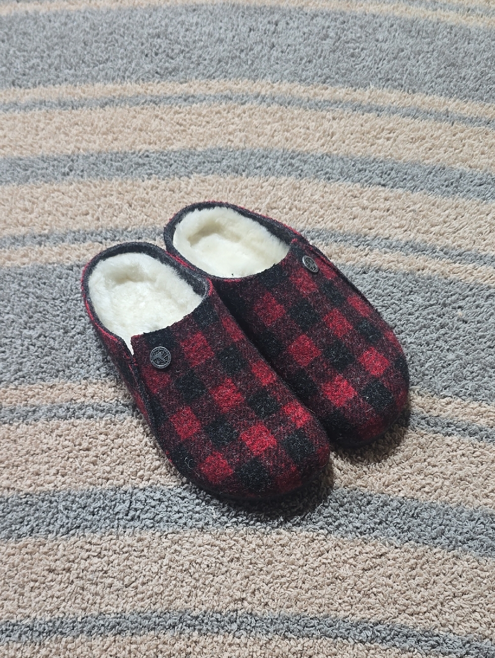 Birkenstock Red and Black Plaid Wool Clog with Shearling Insole